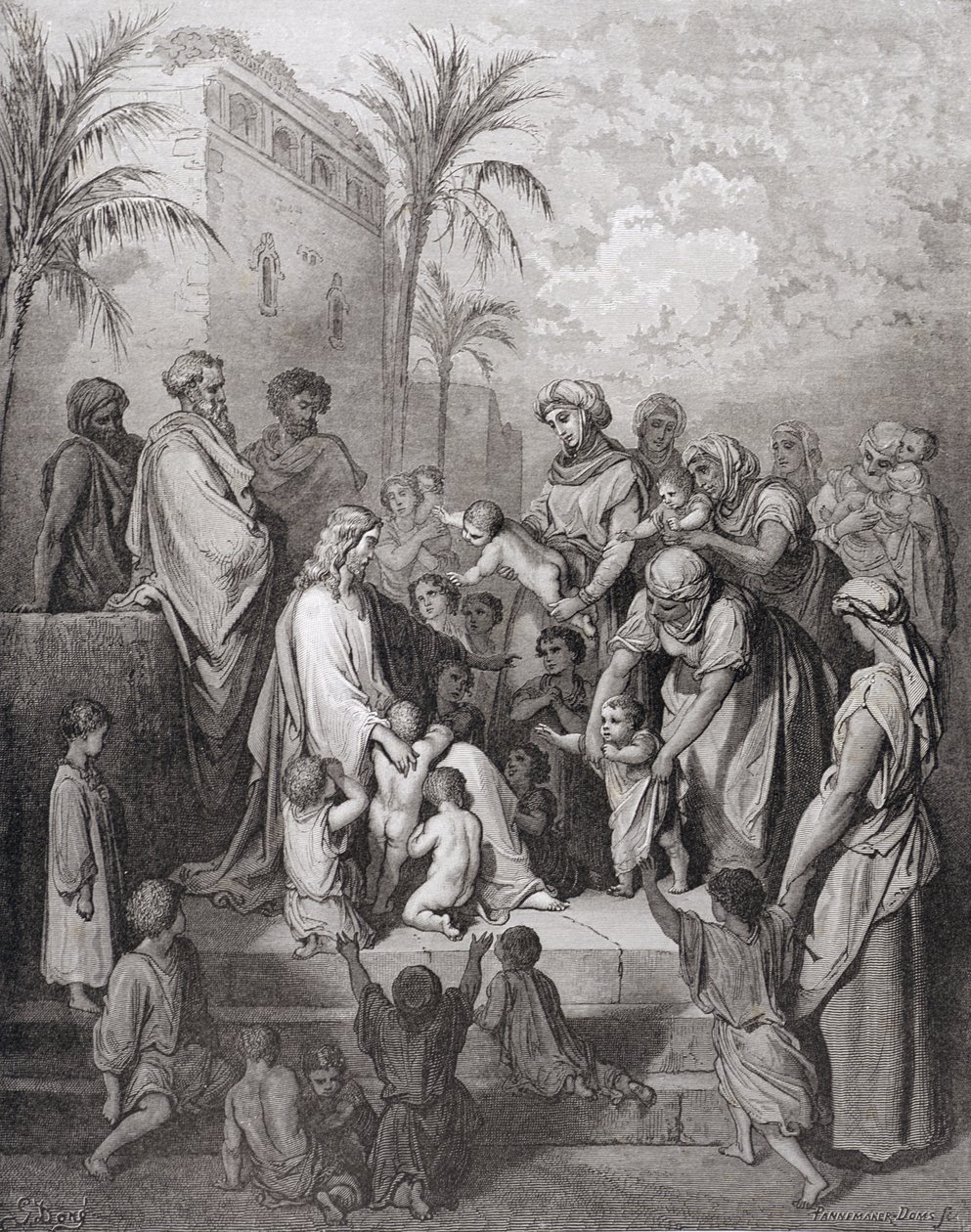 Jesus Abençoando as Crianças, gravado por Stephane Pannemaker (1847-1930) c.1868 de Gustave Dore