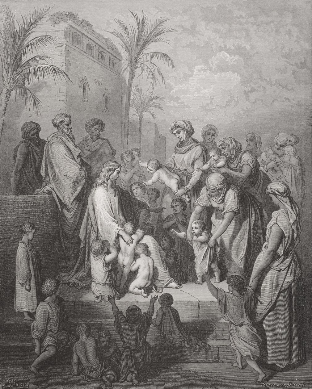 Jesus abençoando as crianças, ilustração da "Bíblia Sagrada" de Dore, gravada por Pannemaker, 1866 de Gustave Dore