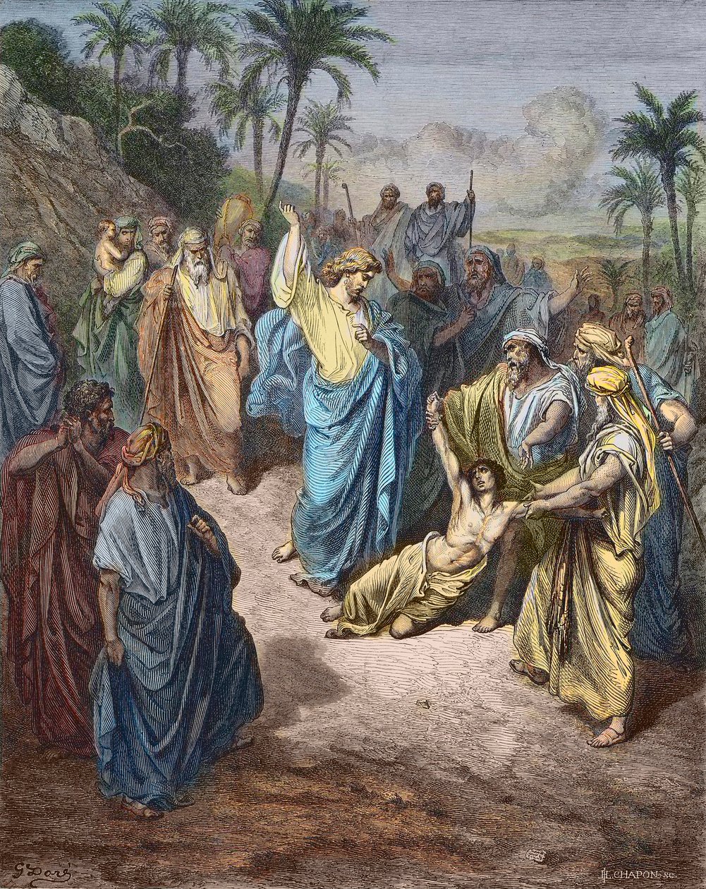 Jesus Cristo guerreando um jovem possuidor do Demônio - Jesus curando o lunático - Gravura colorida depois de Gustave Dore. de Gustave Dore