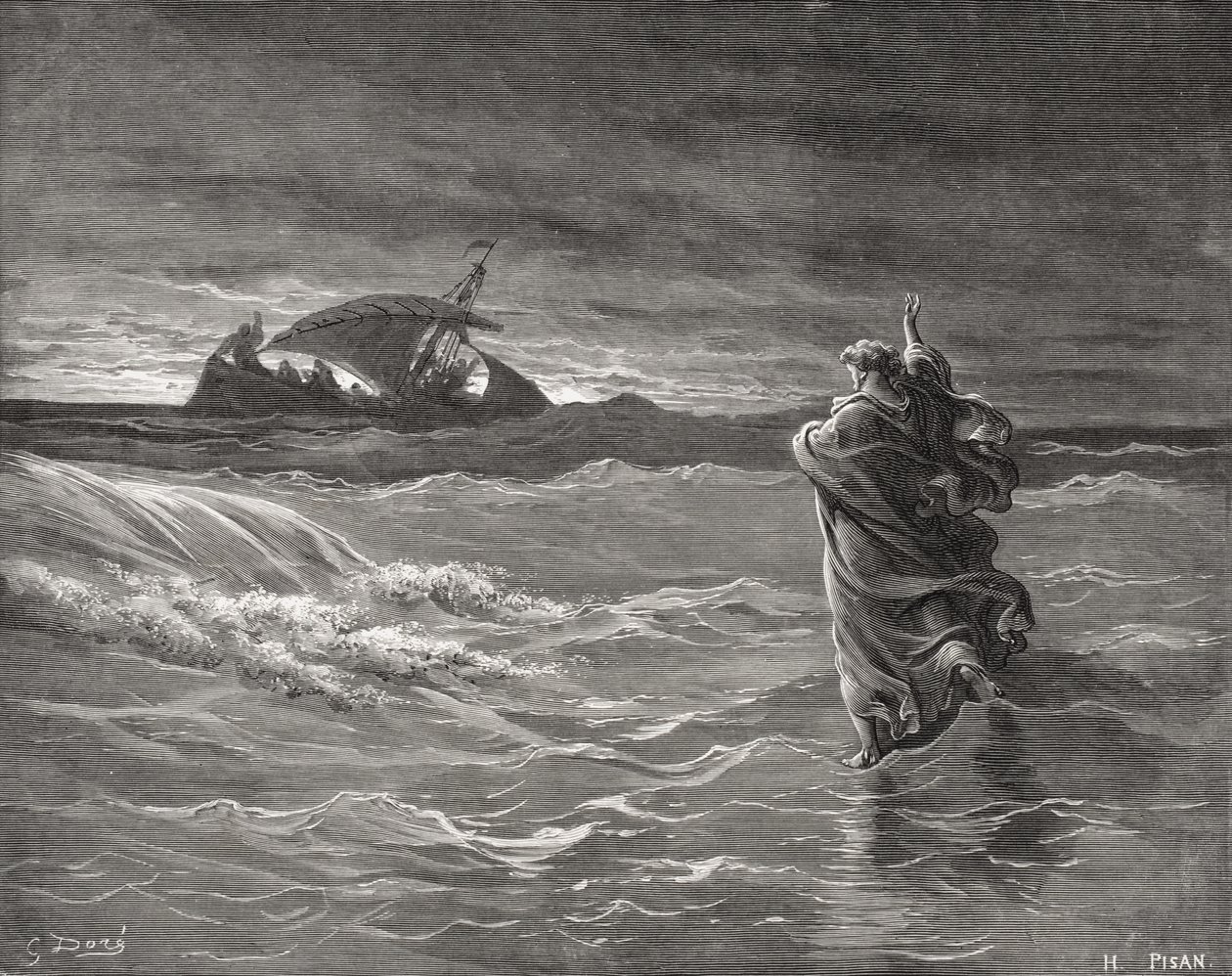 Jesus andando no mar, João 6: 19-21, ilustração da "Bíblia Sagrada" de Dore, gravada por Pisan, 1866 de Gustave Dore
