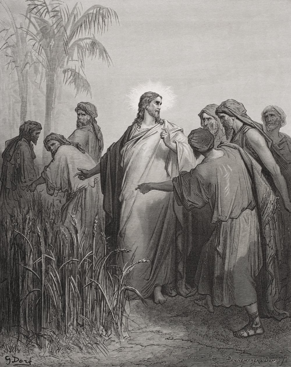 Jesus e seus discípulos no campo de milho, ilustração da "Bíblia Sagrada" de Dore, gravada por Pannemaker, 1866 de Gustave Dore