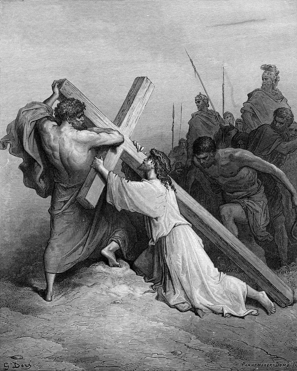 Jesus caindo sob a cruz - Bíblia de Gustave Dore