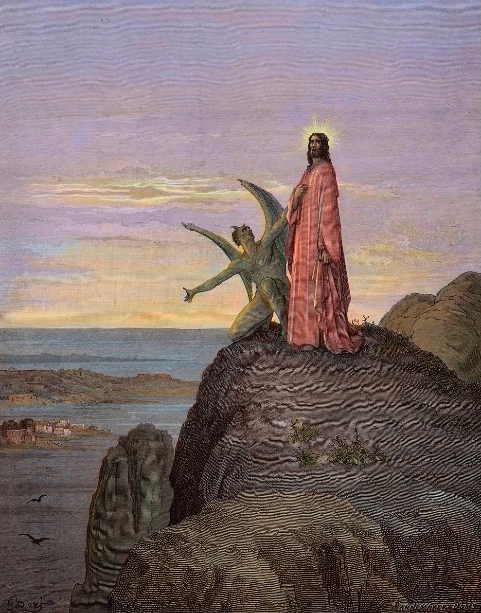 Jesus no deserto, sujeito à tentação do diabo - A tentação de Cristo - Satanás tentou Jesus - gravura de Gustave Dore - coloração posterior de Gustave Dore