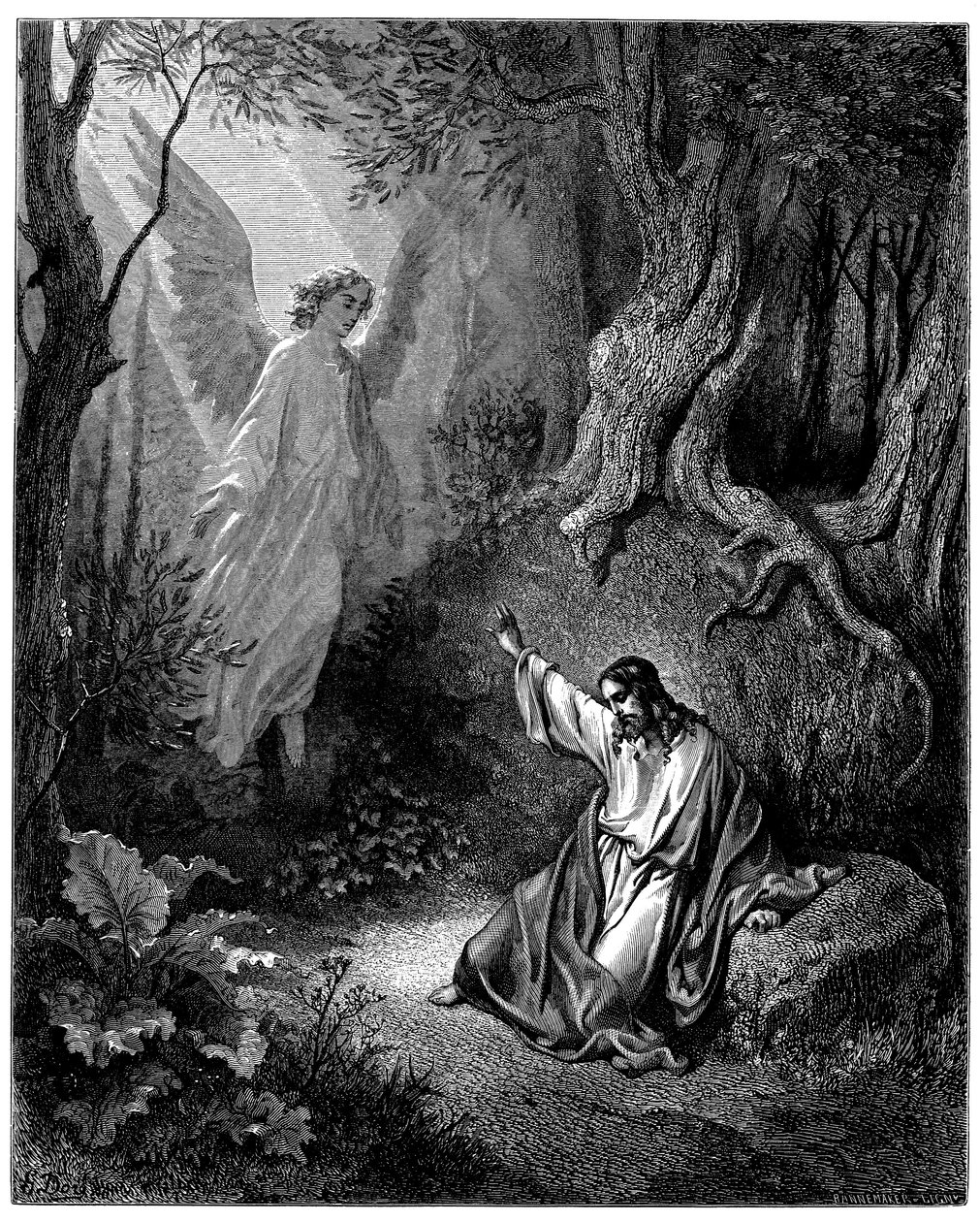 Jesus no Monte das Oliveiras: um anjo aparece-lhe para lhe dar coragem - Ilustração de Gustave Dore para A Bíblia - de Gustave Dore