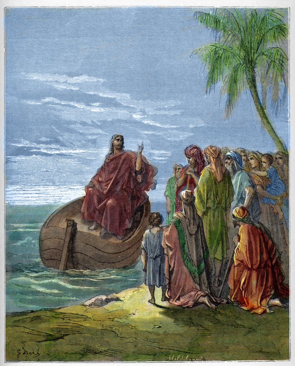Jesus pregando no Lago Genezareth (Genesaré, Ginosar ou Kinneret) (Lago Tiberiad) (Mar da Galileia) - Jesus pregando no Mar da Galileia - - Gravura em "A ilustração bíblica" de Gustave Dore (1832-1883) - Gravura em "A Bíblia Dore de Gustave Dore