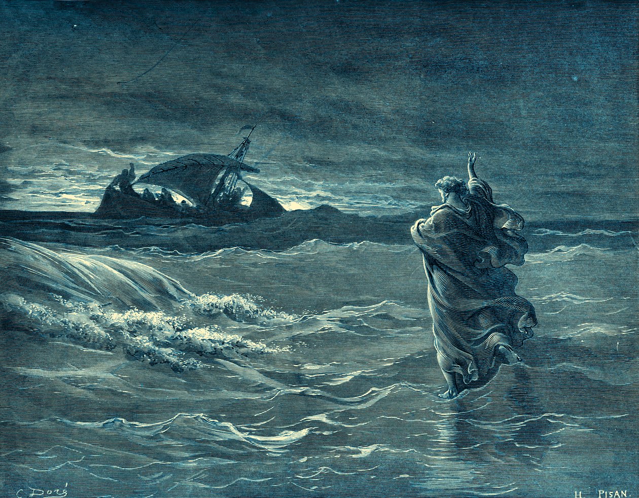 Jesus caminhando sobre o mar - Bíblia de Gustave Dore