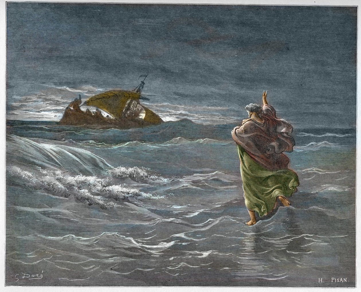 Jesus andando sobre as águas do Lago Tiberiade - Jesus andando sobre o mar (água) - gravura em "A ilustração bíblica" de Gustave Dore (1832-1883) - gravura em "A Bíblia Dore de Gustave Dore