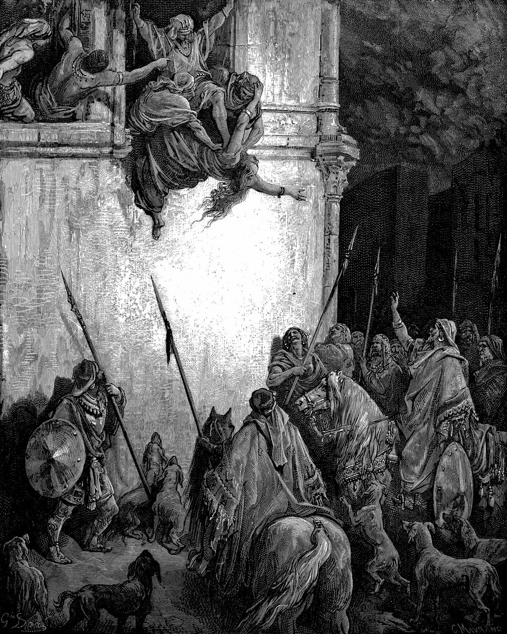 Jezabel, princesa fenícia e mulher do rei Acabe de Israel, é atirada pela janela, por ordem de Jeú, e o seu corpo é comido por cães. 2 Reis 9.33. Da Bíblia ilustrada de Gustave Dore, 1866 Gravura em madeira de Gustave Dore