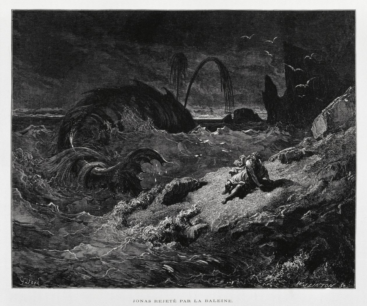 Jonas ejectado para terra firme pela baleia, Ilustração da Bíblia de Dore de Gustave Dore