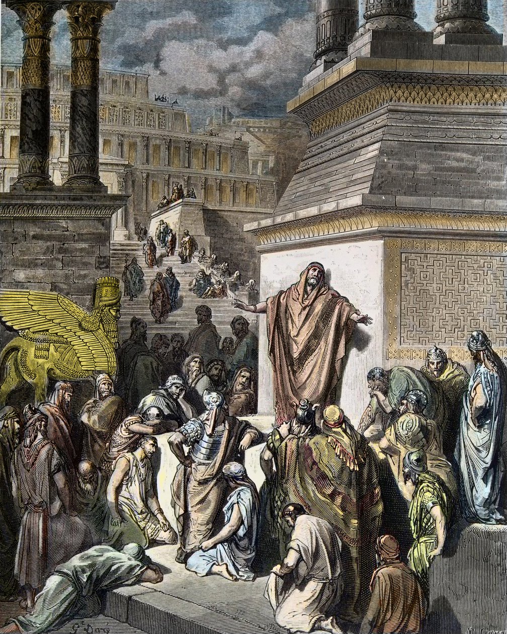 Jonas exorta os ninivitas a fazer penitência - Jonas incentiva os ninivitas a fazer penitência - ilustração da "Bíblia Sagrada" de Gustave Dore, gravada por Pannemaker de Gustave Dore