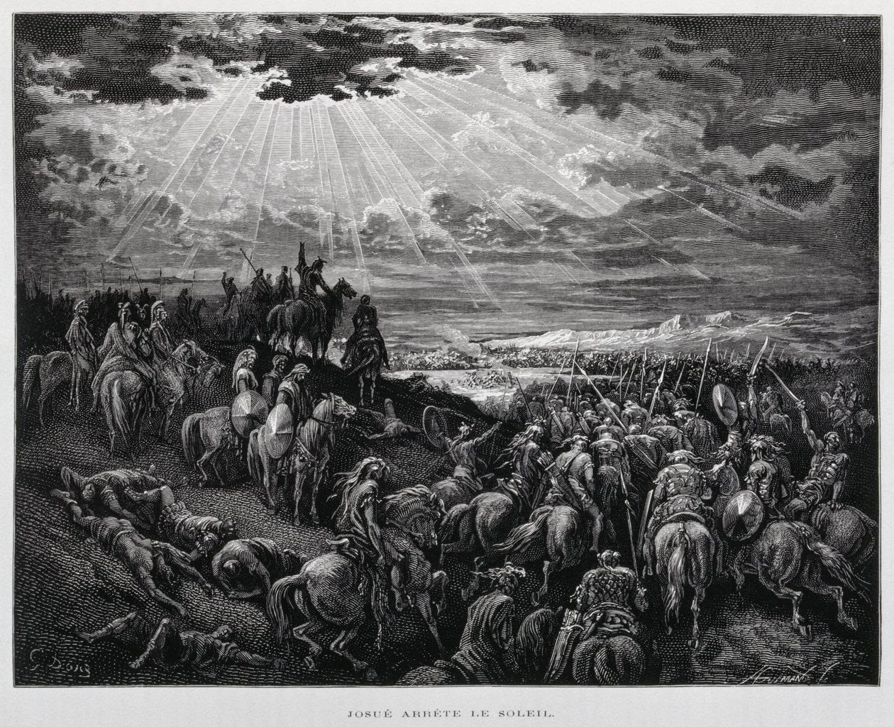 Josué faz o sol parar, Ilustração da Bíblia de Dore de Gustave Dore