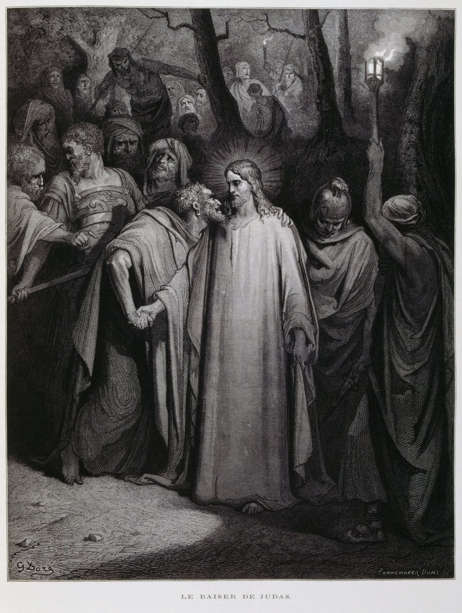 Judas trai Jesus com um beijo; Ilustração da Bíblia de Dore de Gustave Dore