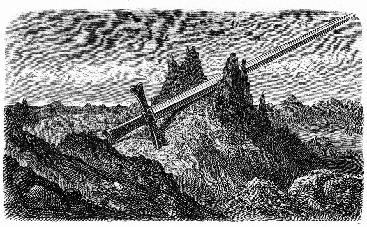 A "Brecha de Roland", a montanha dividida por Durandal, a espada dos heróis: gravura de Gustave Dore ilustrando o livro "Voyage aux Pyrenees" de Hippolyte Taine, Hachette 1860. de Gustave Dore