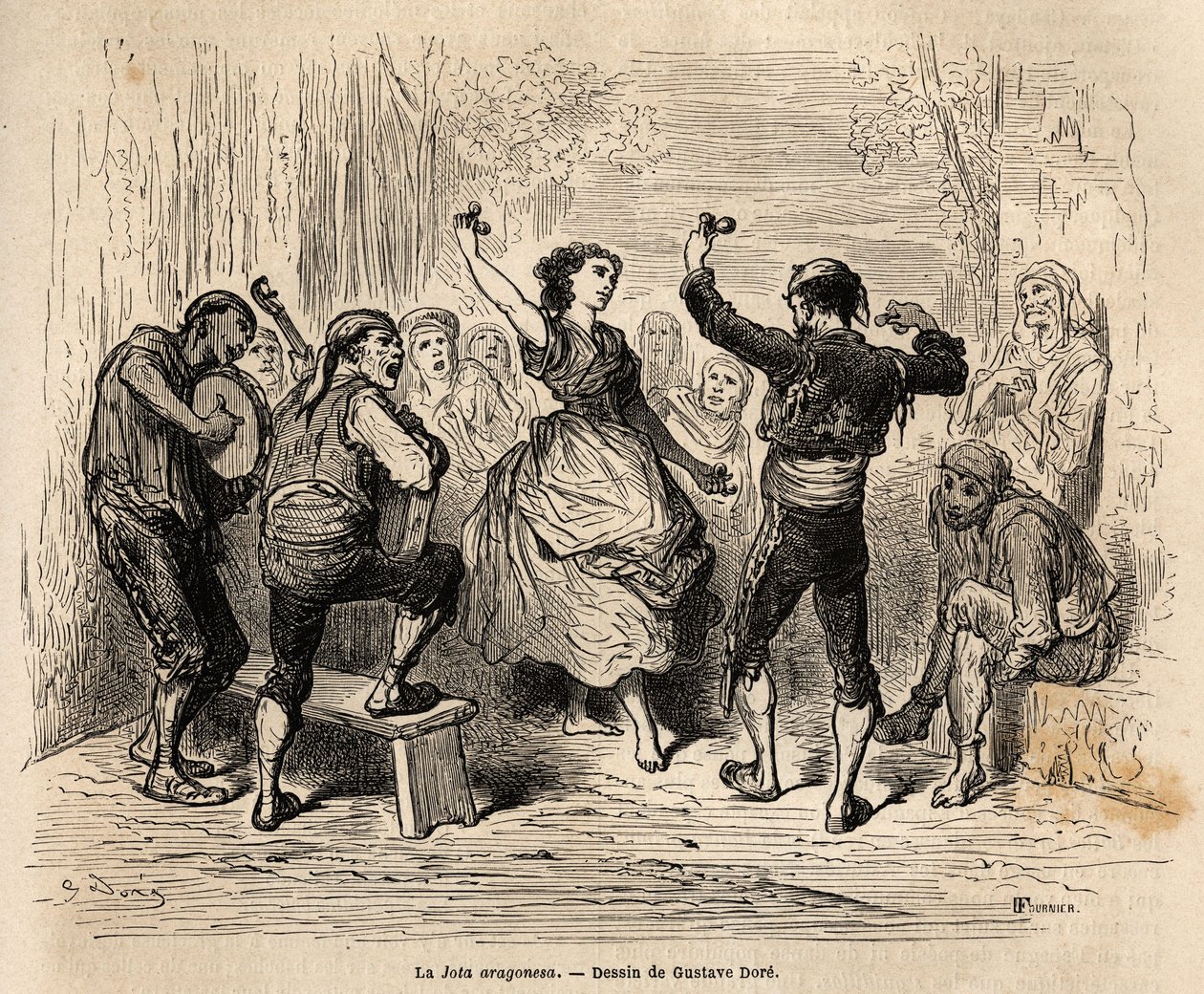La jota aragonesa, canto do coro e dança de casal de Aragão, praticada durante todas as festividades populares e religiosas, letras sobre o tema do amor, por vezes grotescas ou triviais, estas canções populares são repetidas através de pliegos, pequenos su de Gustave Dore
