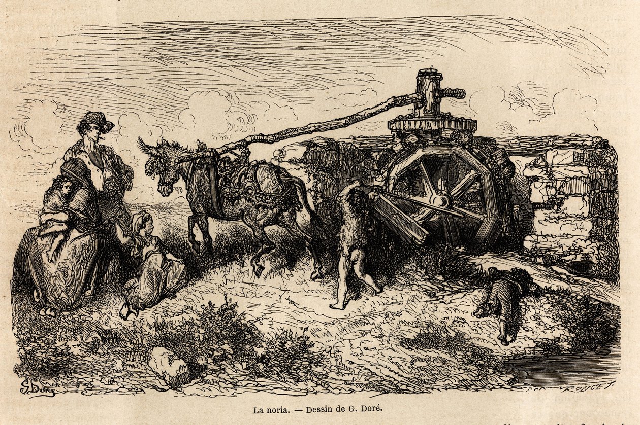 La noria, uma máquina hidráulica para elevar o nível da água utilizando a energia produzida pela corrente, desenho de Gustave Dore (1832-1883), para ilustrar sua viagem à Espanha, com C. Davillier, em 1862. Gravura em "Le tour du monde", editado por Edouar de Gustave Dore