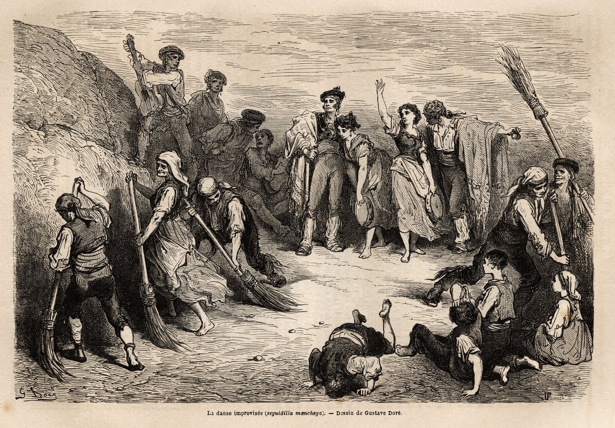 La seguidilla manchegas, ou dança improvisada, em Albacete (província do Canal da Mancha), muitos dançarinos de ambos os sexos, de diferentes locais, se encontram para executar passos de dança na galliegada (ou seja, para congelar uma figura antes de o mov de Gustave Dore