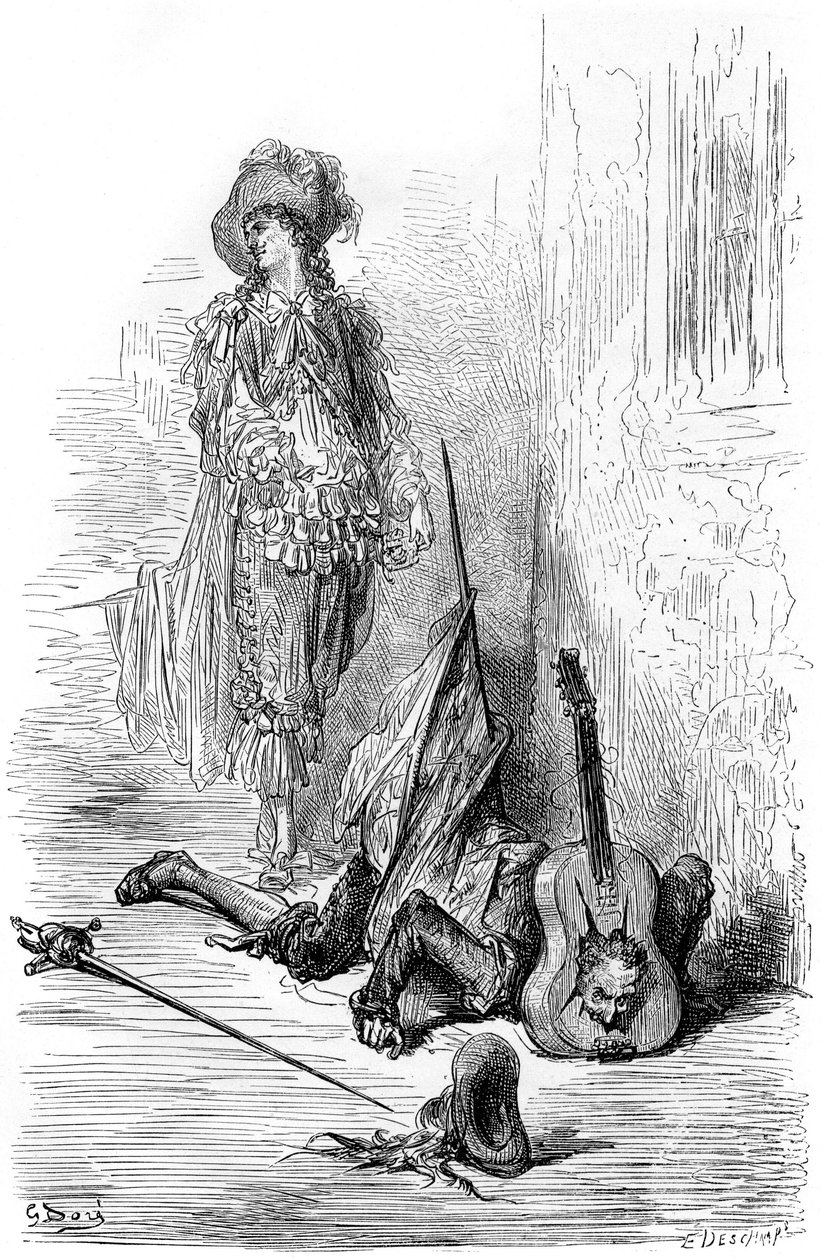 Leandre acabou de esmagar uma guitarra na cabeça do Matamore, ilustração para o "Capitão Fracass". de Gustave Dore