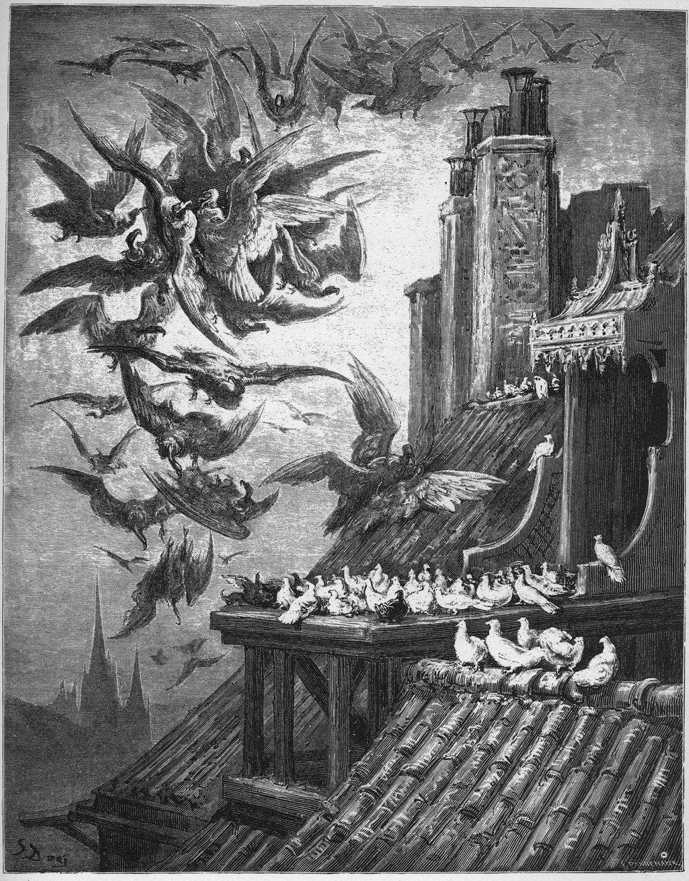 Les Vautours et les Pigeons - Os abutres e os pombos - de "Fables" de Jean de La Fontaine de Gustave Dore