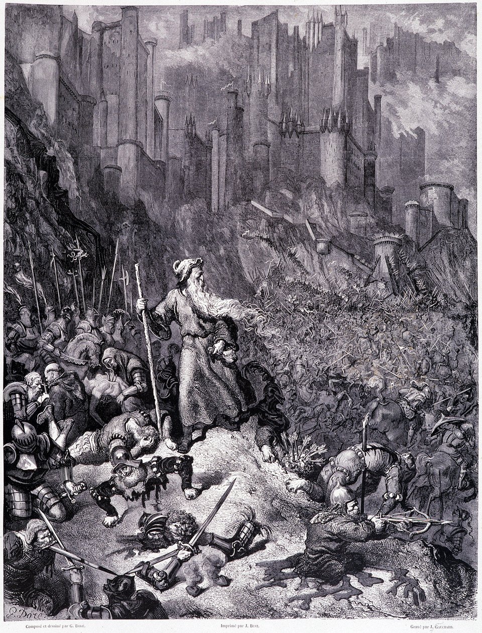 Les battailles, plate IX - Ilustração de Gustave Dore (1832-1883), para La legende du Jeif vagueando por Pierre Dupont, edição Librairie du magasin pitoresco, Paris 1862 de Gustave Dore