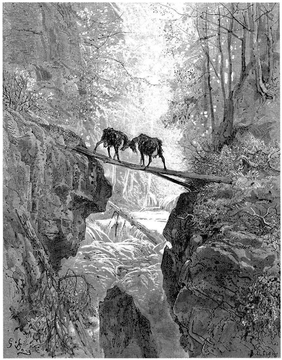 Les deux chevres: fábula de Jean de la Fontaine ilustrada por Gustave Dore - floresta, riacho, riacho - de Gustave Dore