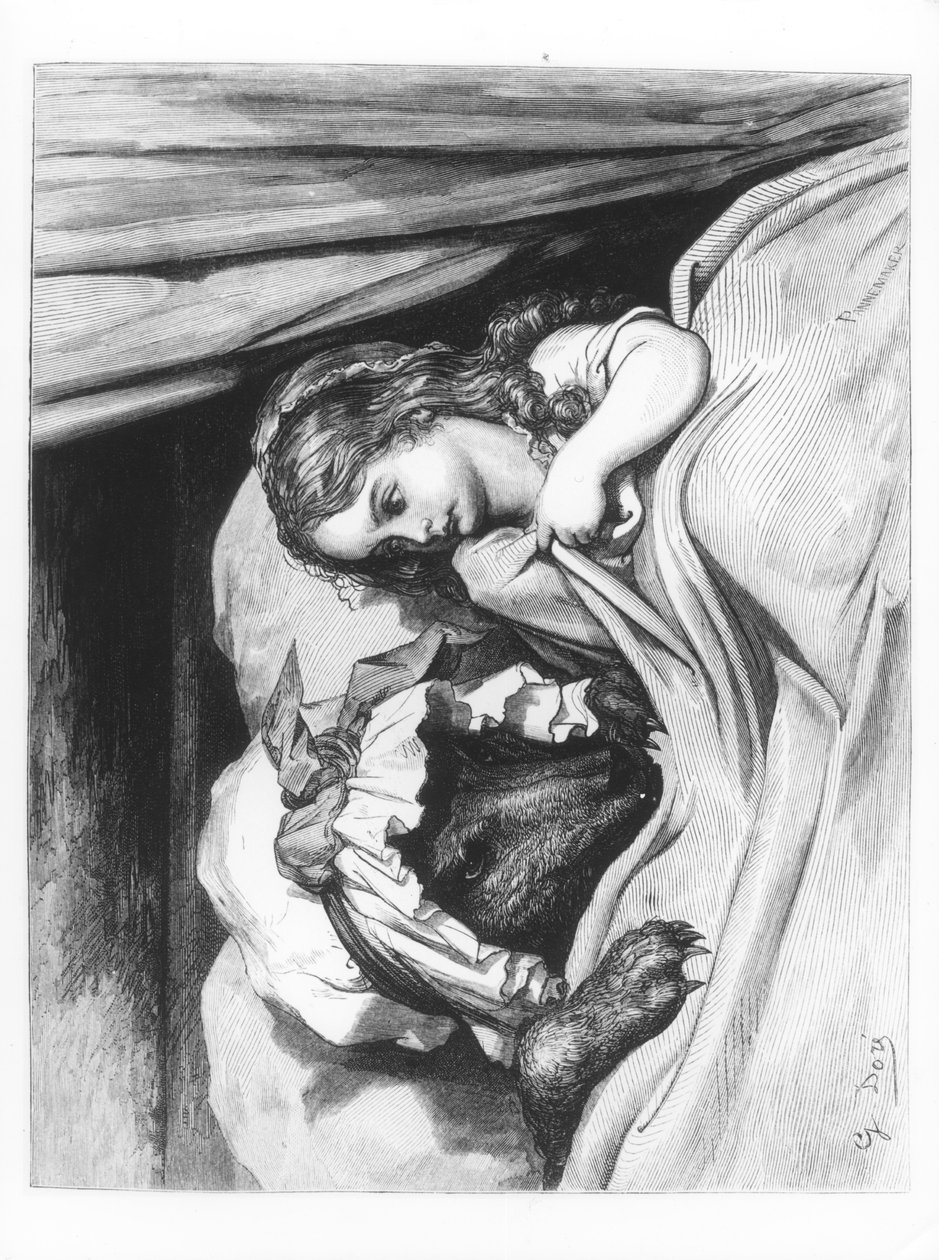 Chapeuzinho Vermelho e o Lobo &39;, ilustração de&39; Les Contes de Perrault &39;, gravada por Pannemaker, publicada por J.Hetzel, 1862 de Gustave Dore