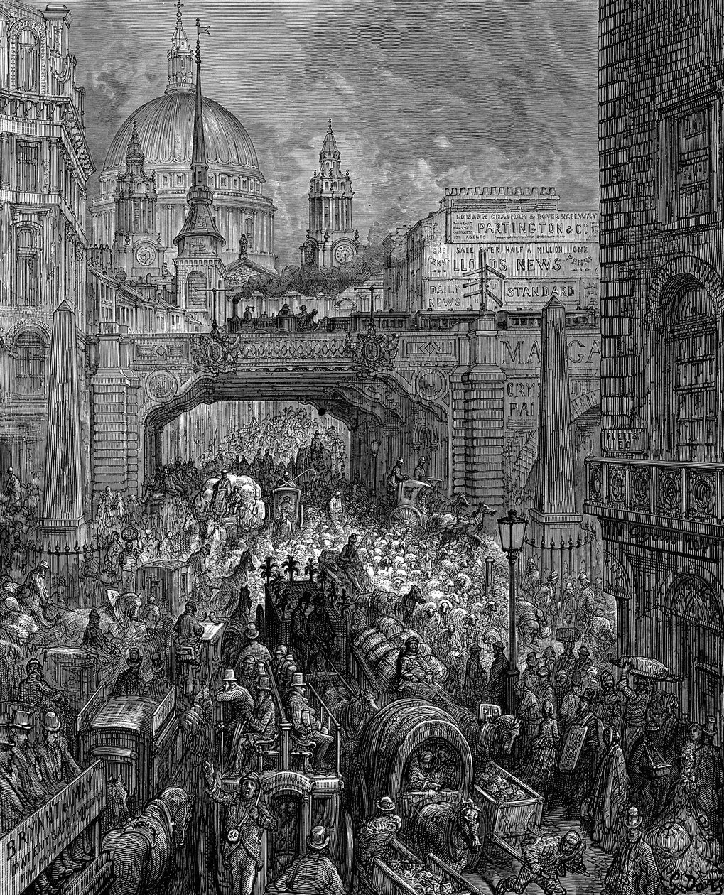 "Ludgate Hill": De Gustave Dore e Blanchard Jerrold London: A Pilgrimage London 1872. Cena de congestionamento de tráfego, viaduto ferroviário (centro) e cúpula da Basílica de São Paulo. Gravura em madeira de Gustave Dore