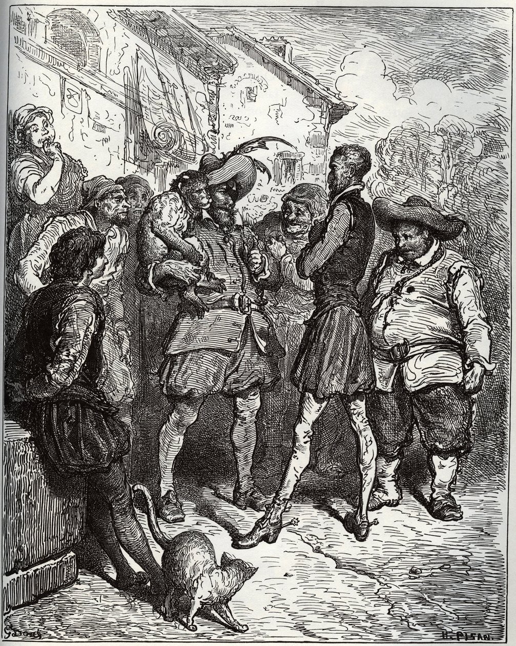 Maese Pedro e o macaco adivinho - de "Dom Quixote de la Mancha" de Miguel Cervantes (1547-1616) (Dom Quixote) - Lenhador após desenho de Gustave Dore de Gustave Dore