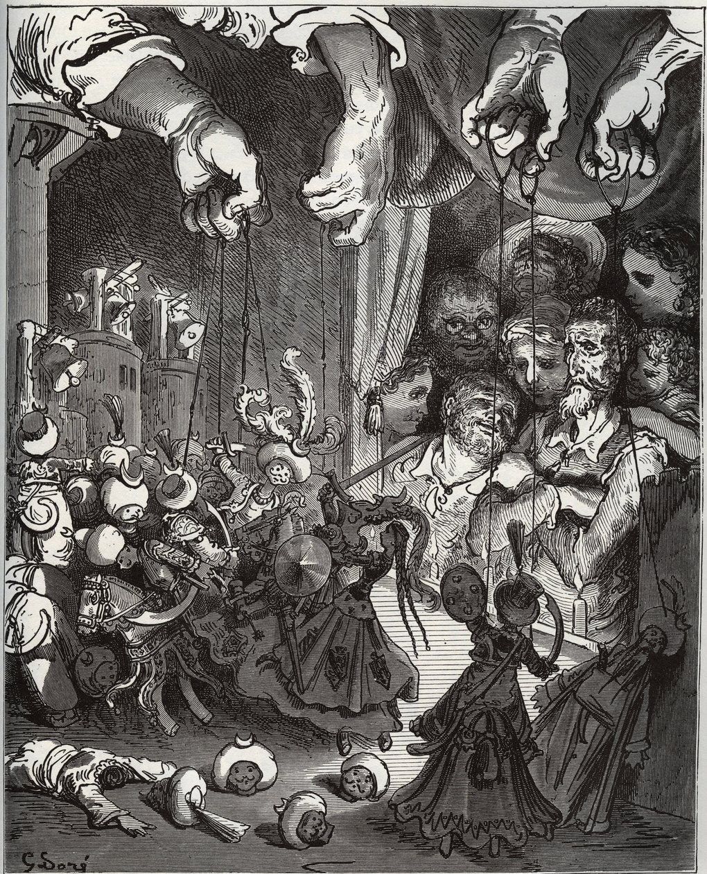 O espectáculo de marionetas de Maese Pedro - de "Don Quixote de la Mancha" de Miguel Cervantes (1547-1616) (Don Quixote) - Lenhador após desenho de Gustave Dore de Gustave Dore