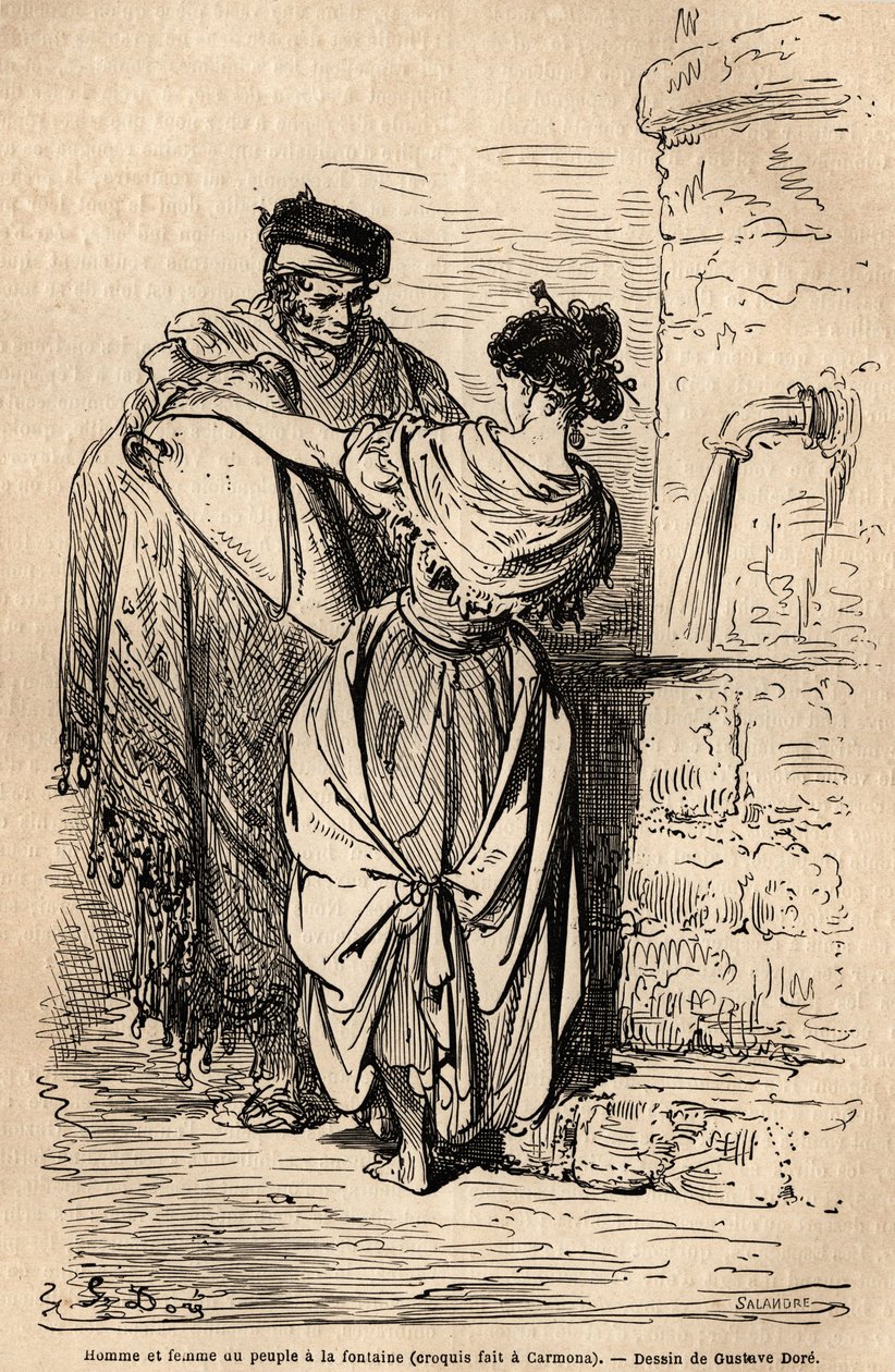 Homem e mulher do povo tem a fonte, em Carmona, aldeia perto de Sevilha. Esboço tirado ao vivo por Gustave Dore (1832-1883). Gravura para ilustrar a viagem na Espanha, em 1862, de Charles Davillier e Gustave Dore, em "Le tour du monde, nouveau de Gustave Dore