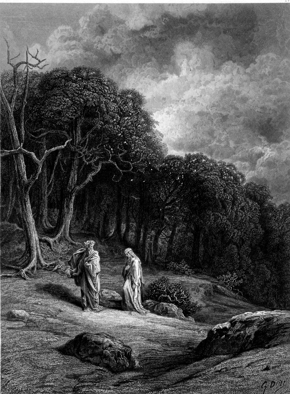 Merlin e Viviane na Floresta de Brocéliande - em "Viviane" de Alfred Tennyson, ilustração de G. Doré de Gustave Dore