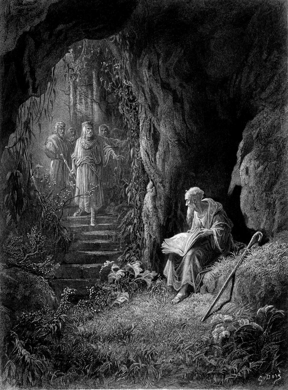 Merlin descoberto pelos oficiais do Rei Artur na Floresta de Broceliande (Cycle des chevaliers de la Table Ronde) - em "Viviane" de Alfred Tennyson, ilustração de G. Doré de Gustave Dore