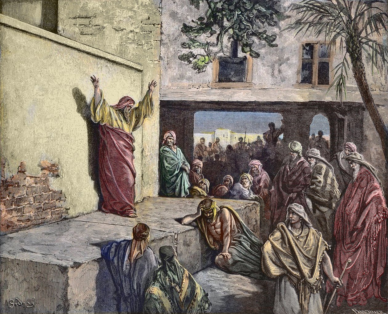 Mica, o profeta Moresíaco, pregando aos israelitas, gravado por Gustave Dore - "O profeta Michee exortando o povo de Israel à penitência" Gravura de "A Bíblia" de Gustave Dore (1832-1883) Por volta de 1860 de Gustave Dore