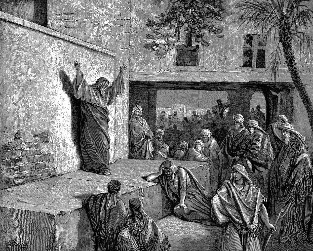 Miqueias, o profeta moreshtita, diz aos israelitas Porque eis que o Senhor vem... e descerá, e pisará os altos da terra. Bíblia Miquéias I:3. Ilustração de Gustave Dore 1865-1856. Gravura em madeira de Gustave Dore