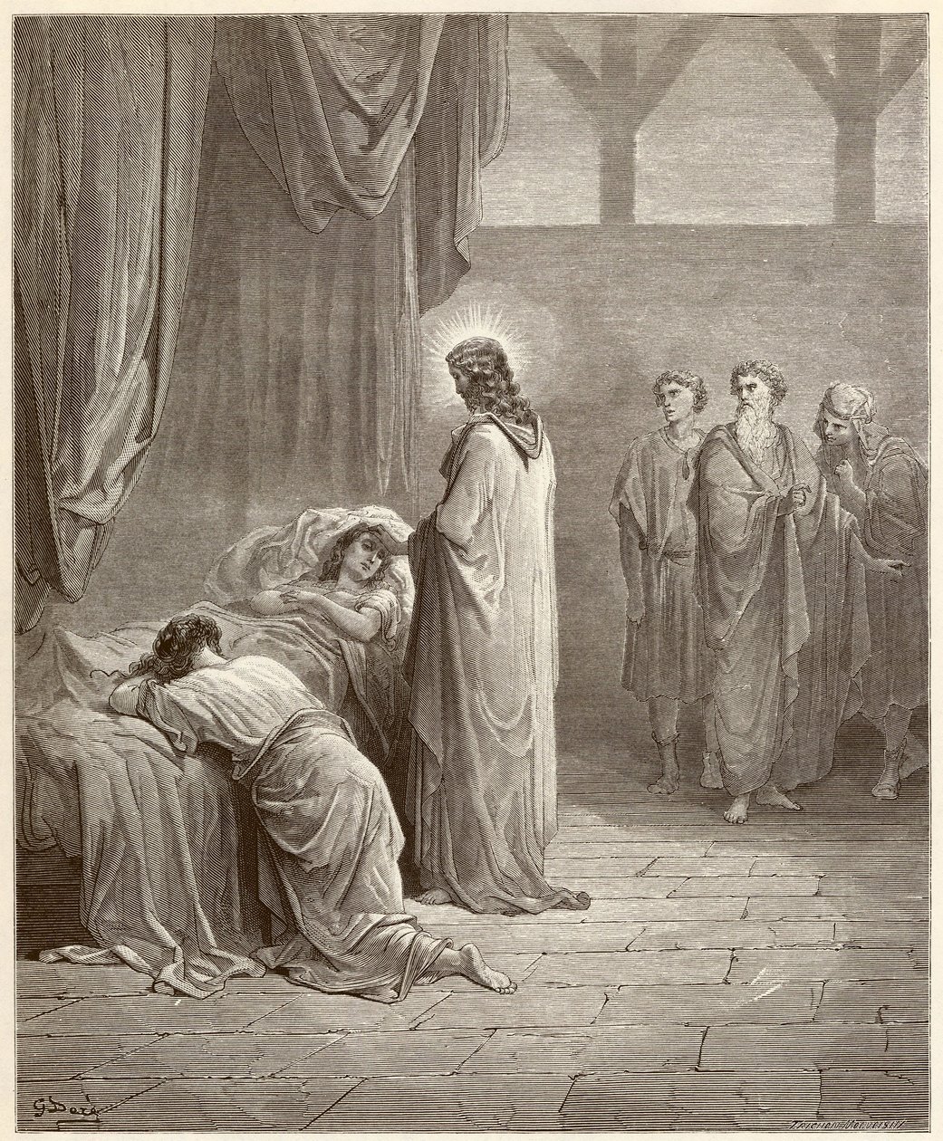Milagre: Jesus Cristo curou a filha de Jaire (Jairus ou Jairos). Gravura da Bíblia ilustrada por Gustave Dore (1832-1883) de Gustave Dore