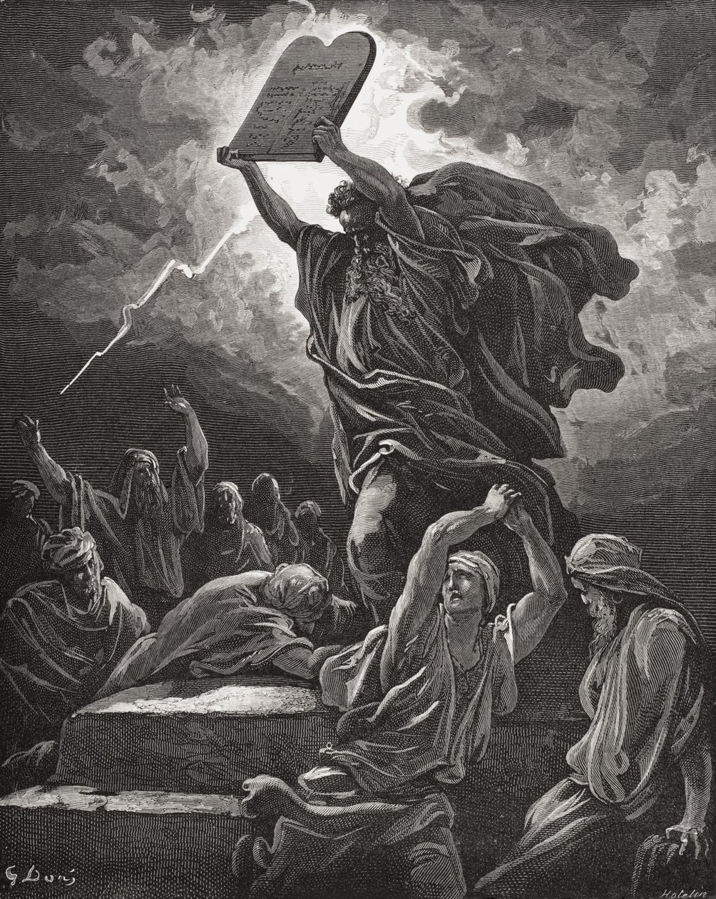 Moisés Quebrando as Tábuas da Lei, Êxodo 32:19, ilustração da "Bíblia Sagrada" de Dore, gravada por Hotelin, 1866 de Gustave Dore