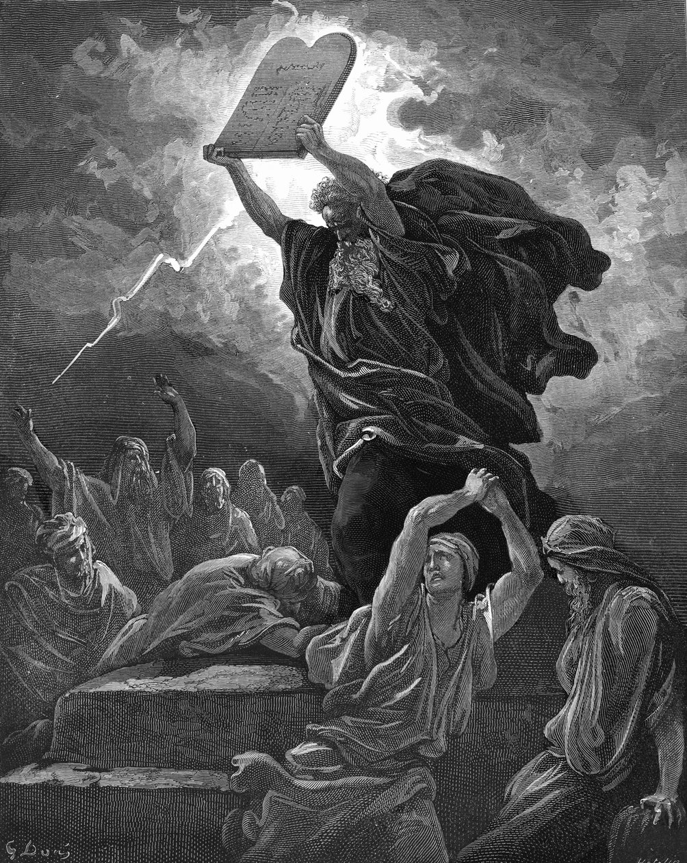 Moisés quebra as tábuas da lei, gravando. - Bíblia de Gustave Dore