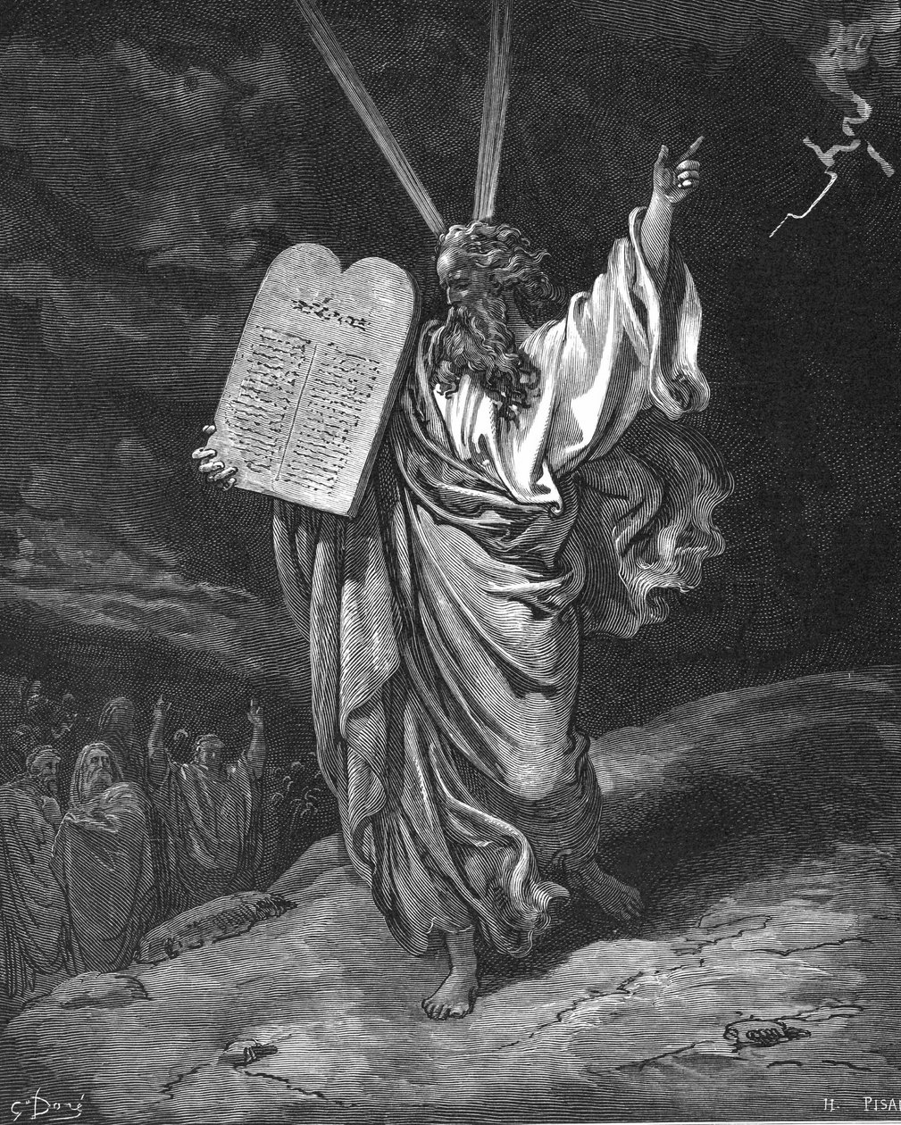 Moisés a descer do monte Sinai com as tábuas da lei (Dez Mandamentos). Êxodo 5.35. Ilustração de Gustave Dore (1832-1883) para The Bible (Londres, 1866). Gravura em madeira. de Gustave Dore