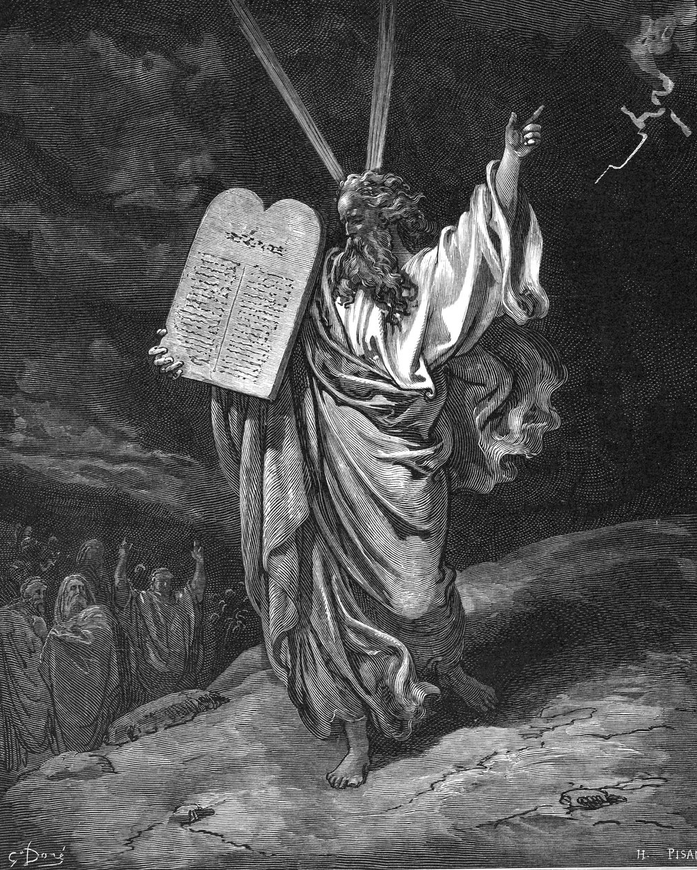 Moisés descendo do Monte Sinai com as tábuas da lei Dez Mandamentos, 1866 de Gustave Dore