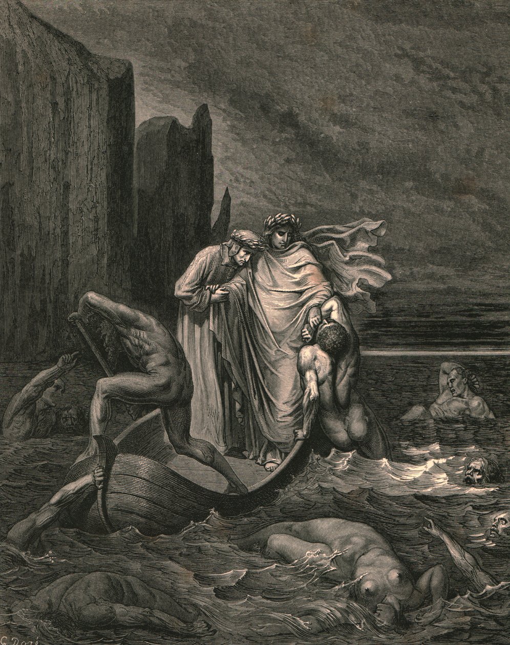 Meu professor sábio ciente, empurrando-o de volta, c1890. de Gustave Dore