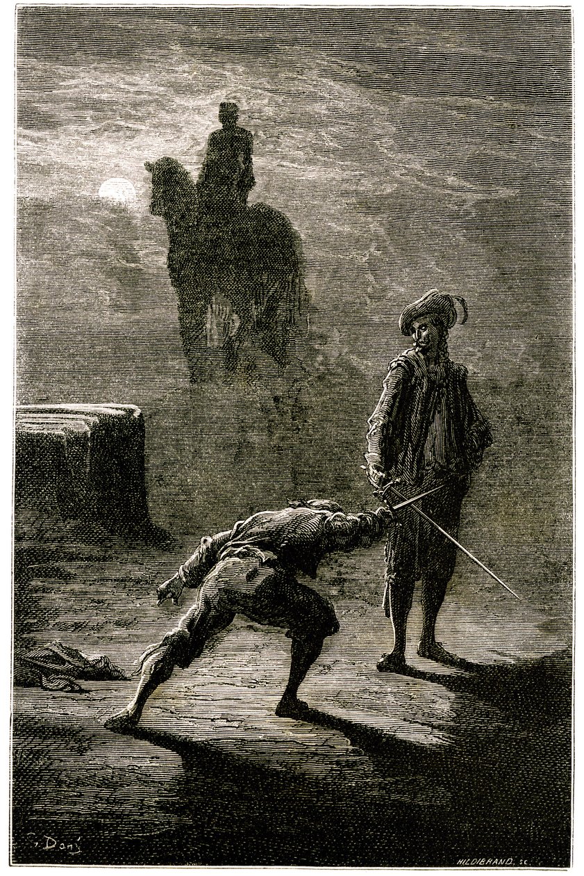 Duelo noturno ao luar entre o Barão de Sigognac e Jacquemin Lampourde, sob a estátua equestre do Rei de Bronze. Gravura de Gustave Dore ilustrando o romance de Theophile Gautier "Le capitaine Fracasse", edição Charpentier 1863. de Gustave Dore