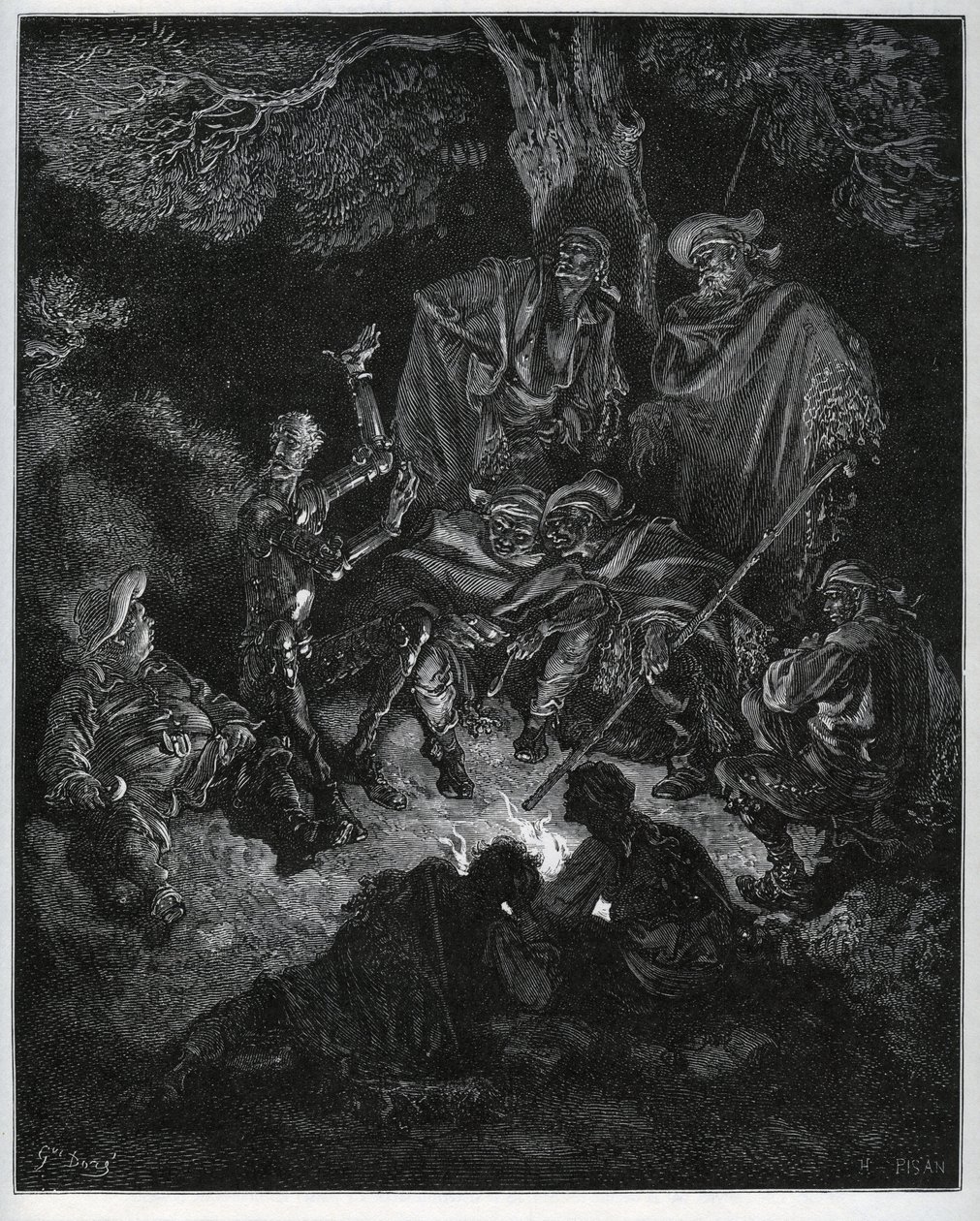 Luz nocturna onde Dom Quixote conta a história do mundo às cabras e a um Sancho Panza - de "Dom Quixote de la Mancha" de Miguel Cervantes (1547-1616) (Dom Quixote) - Lenhador após desenho de Gustave Dore de Gustave Dore