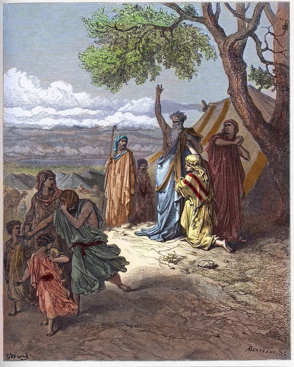 Noé conduzindo Presunto - Noé amaldiçoa Presunto - A Maldição de Cham - O Patriarca Noé amaldiçoa seu neto Canaan, por um erro cometido por seu pai Cham no Monte Ararat - gravura em "A Ilustração Bíblica" de Gustave Dore (1832-1883) - Gravura de "O Dor de Gustave Dore