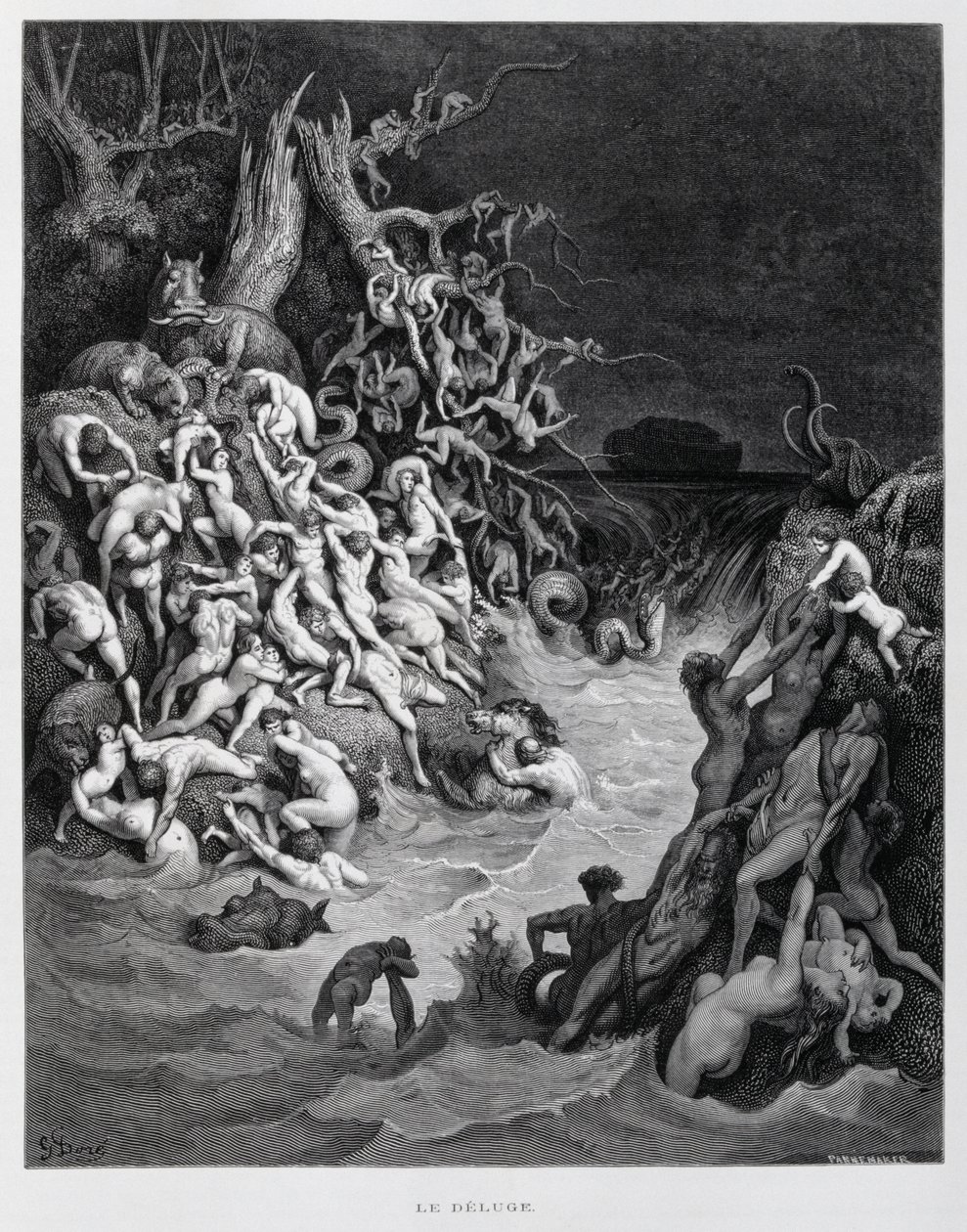 Noé e a sua arca escapam quando o grande dilúvio envolve a Terra, Ilustração da Bíblia de Dore de Gustave Dore