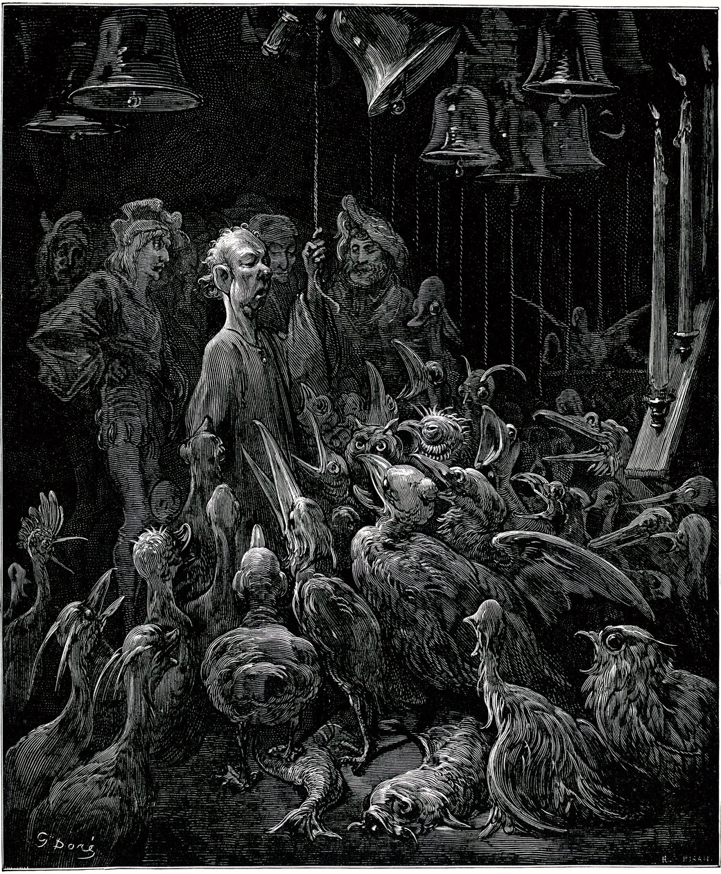 Na ilha de Sonnante, Panurge faz cantar os pássaros tocando os sinos - ilustração de Gustave Dore para as obras completas de François Rabelais - Livro Quinto - Pantagruel de Gustave Dore