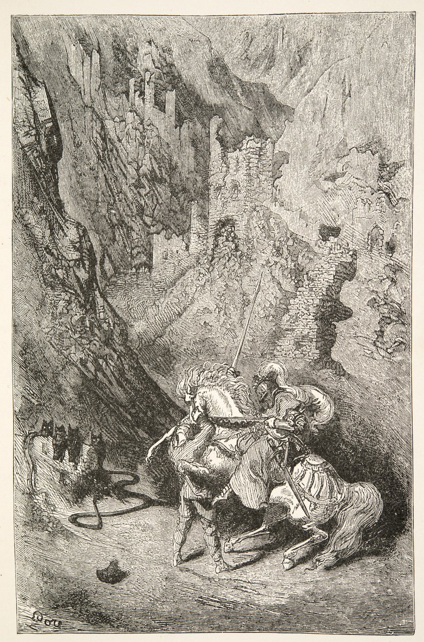 No caminho para a capela verde, de histórias dos dias do rei Arthur por Charles Henry Hanson, pub.1898 de Gustave Dore