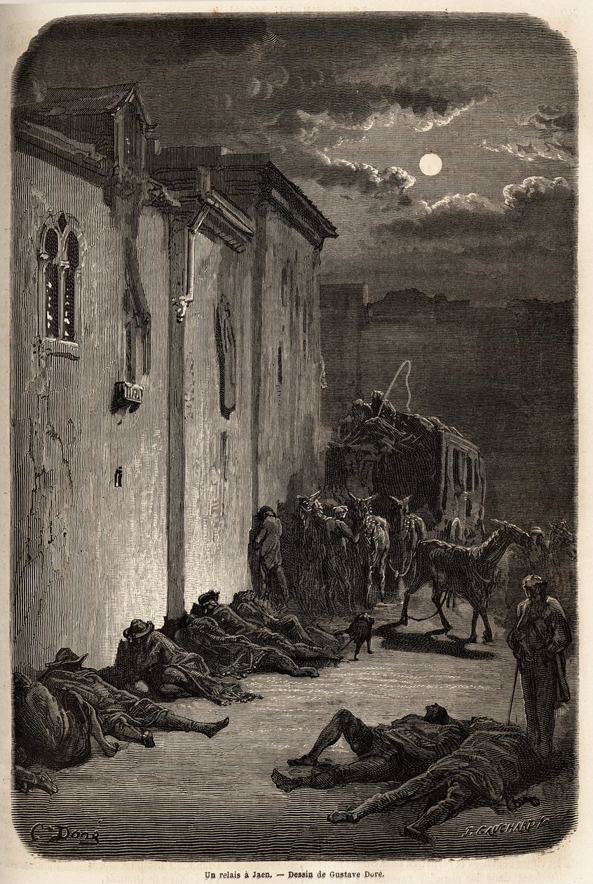 Uma noite numa estafeta em Jaen. Desenho de Gustave Dore (1832-1883), para ilustrar sua viagem à Espanha em 1862, com Ch. Davillier. Gravura em "Le tour du monde", editado por Edouard Charton de Gustave Dore