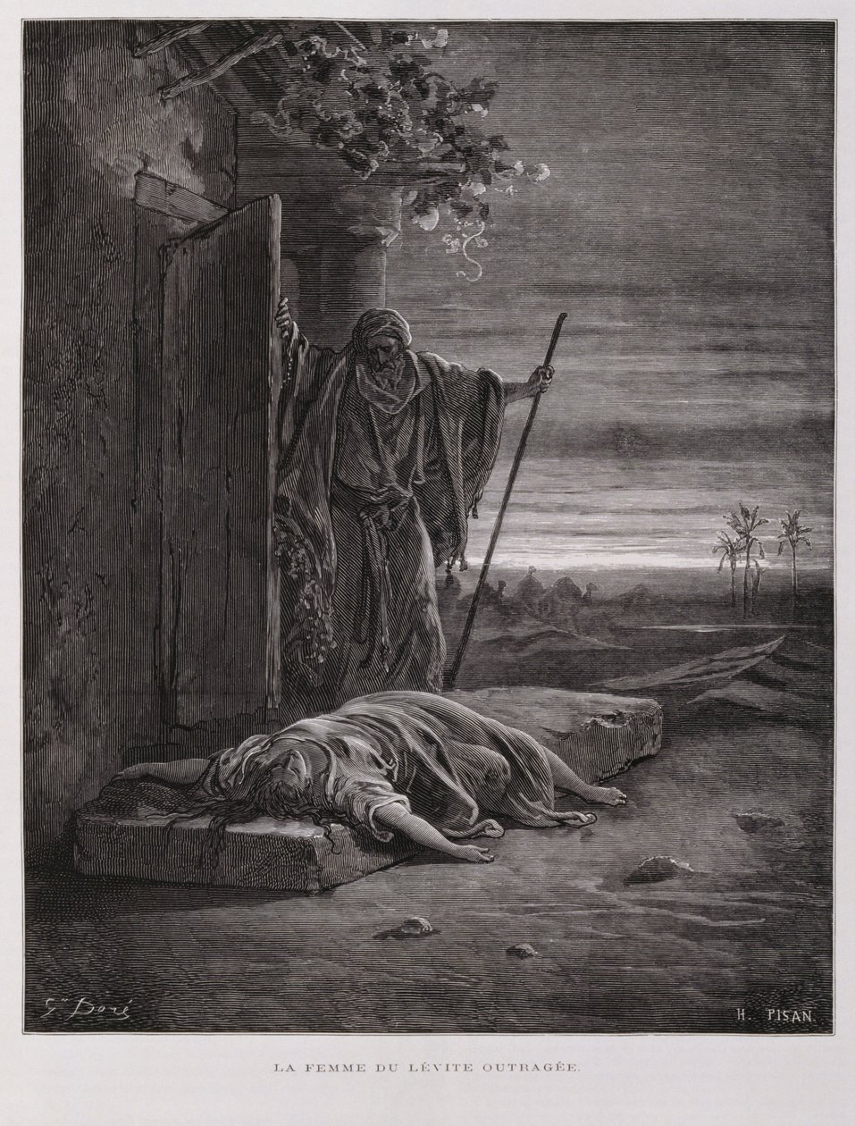 Indignado em Gibeá, o levita leva a sua concubina morta, Ilustração da Bíblia de Dore de Gustave Dore