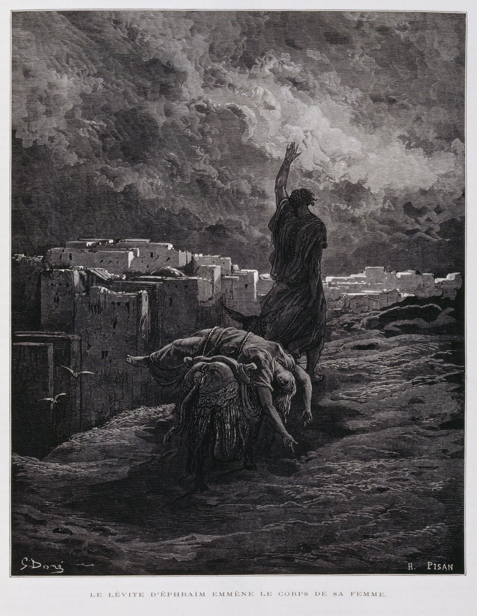 Indignado em Gibeá, o levita leva a sua concubina morta, Ilustração da Bíblia de Dore de Gustave Dore
