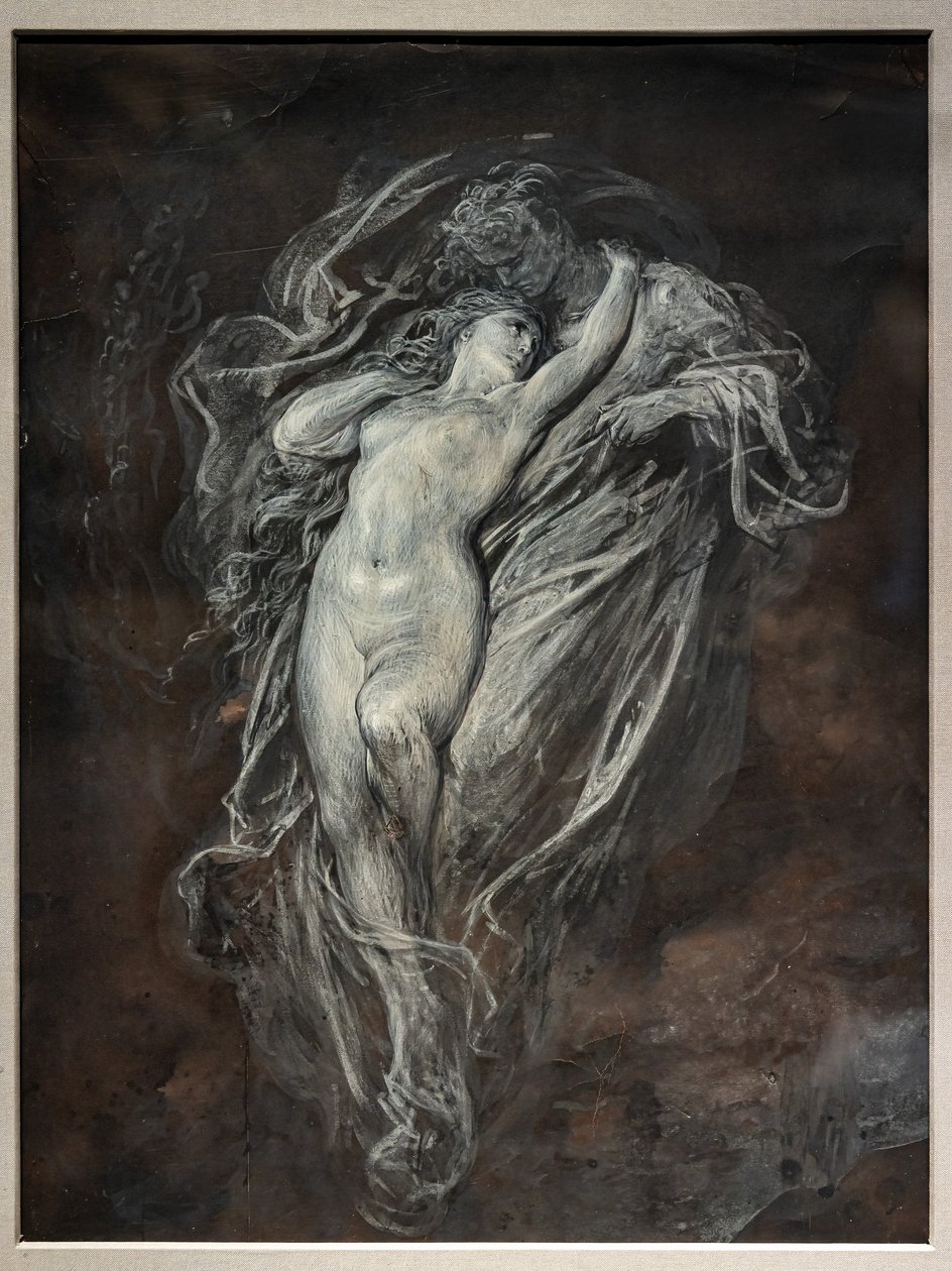 Paolo e Francesca da Rimini no Inferno, antes de 1861 (aguada de tinta da China e têmpera branca sobre papel colorido castanho) de Gustave Dore
