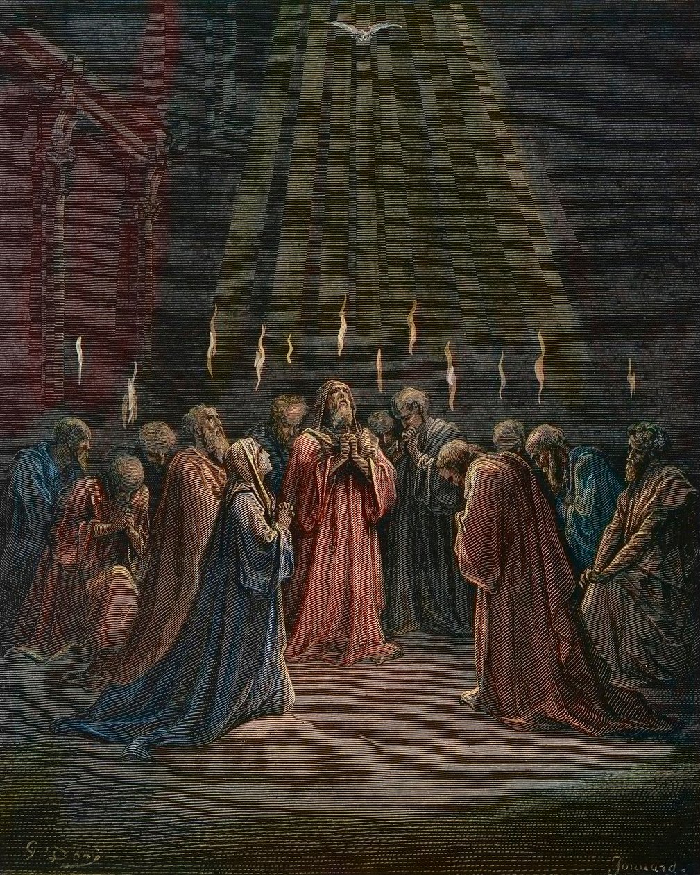 Pentecostes - Pentecostes (vinda do Espírito Santo) - Pentecostes, a descida do Espírito Santo, gravura de Gustave Dore (1832-1883) - coloração posterior de Gustave Dore
